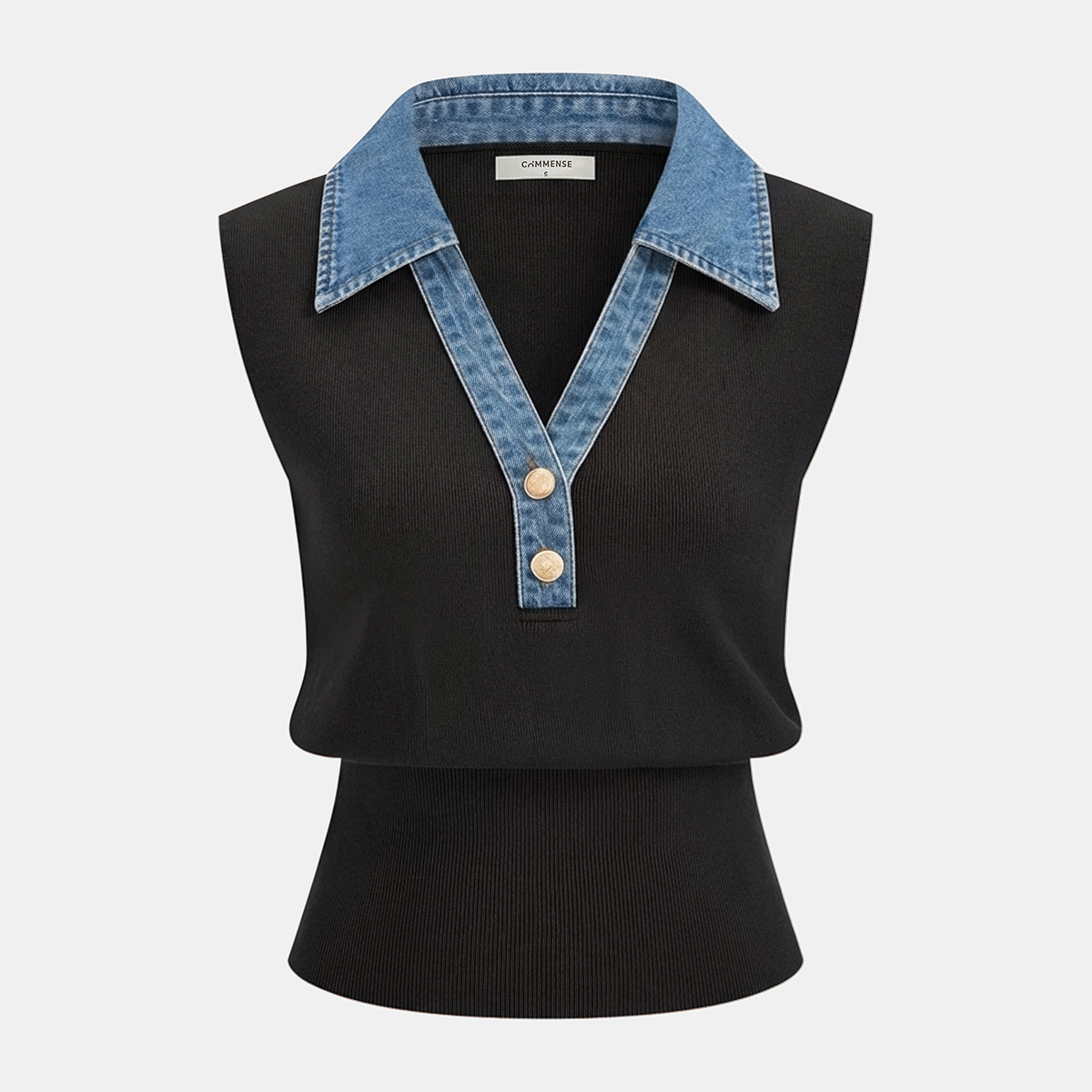 Denim Collar Metal Button Sleeveless Knit Vest