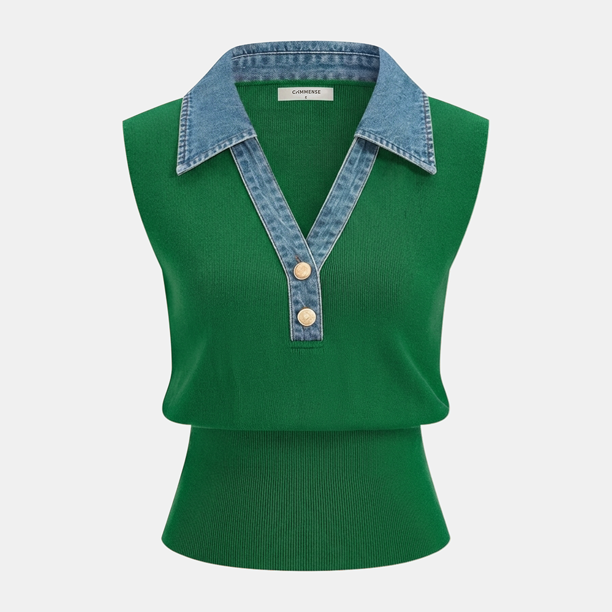 Denim Collar Metal Button Sleeveless Knit Vest