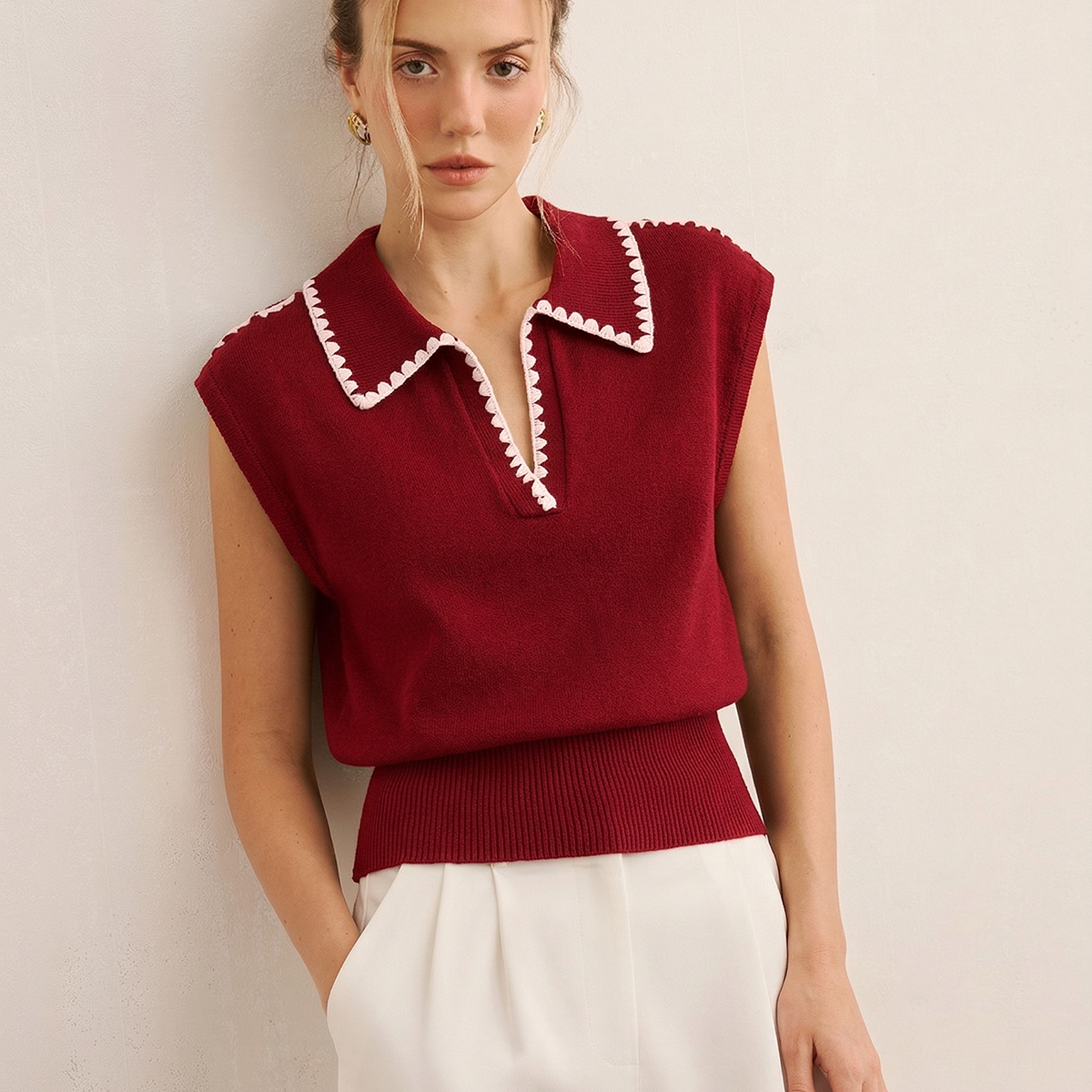 Contrast Trim Sleeveless Knit Polo Vest
