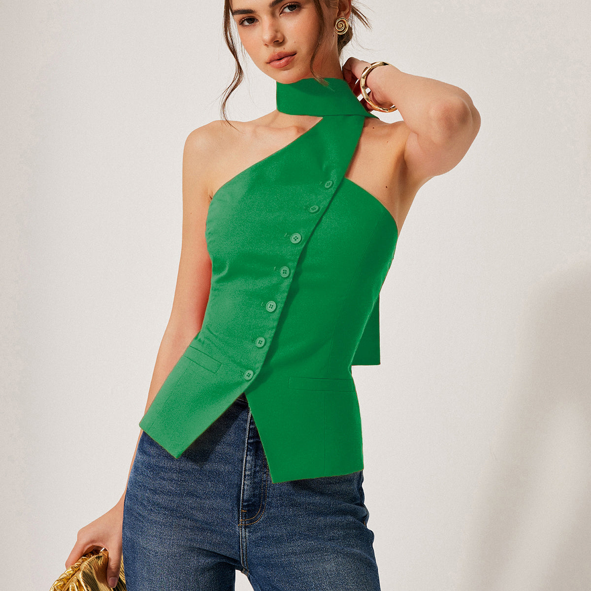 Cotton & Linen Halter Top With Decor Pockets