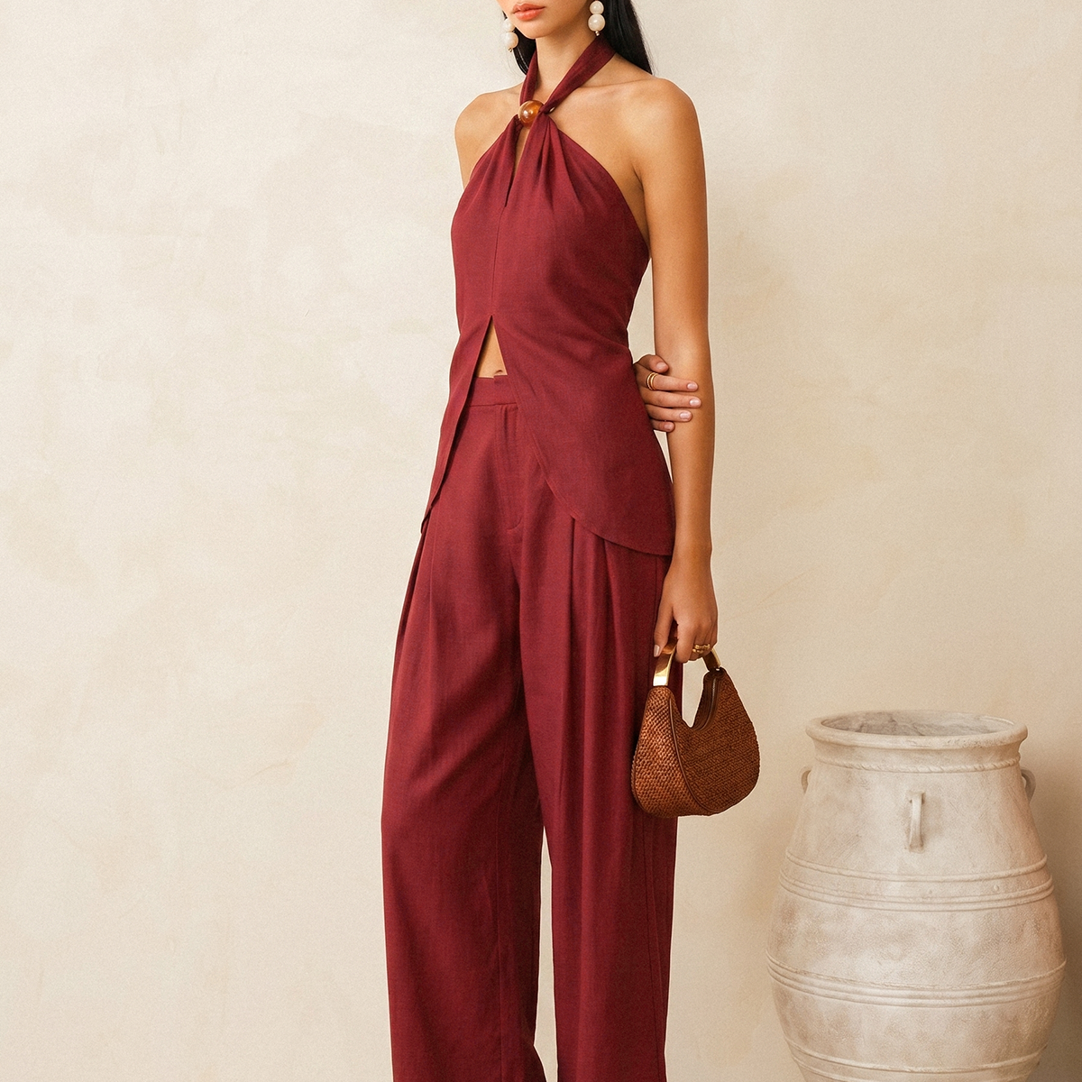 Linen-Blend Halter Top & Pants Set