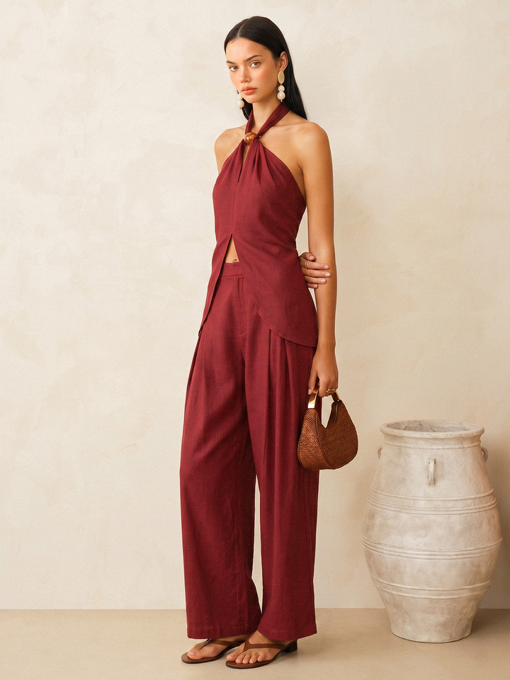 Linen-Blend Halter Top & Pants Set