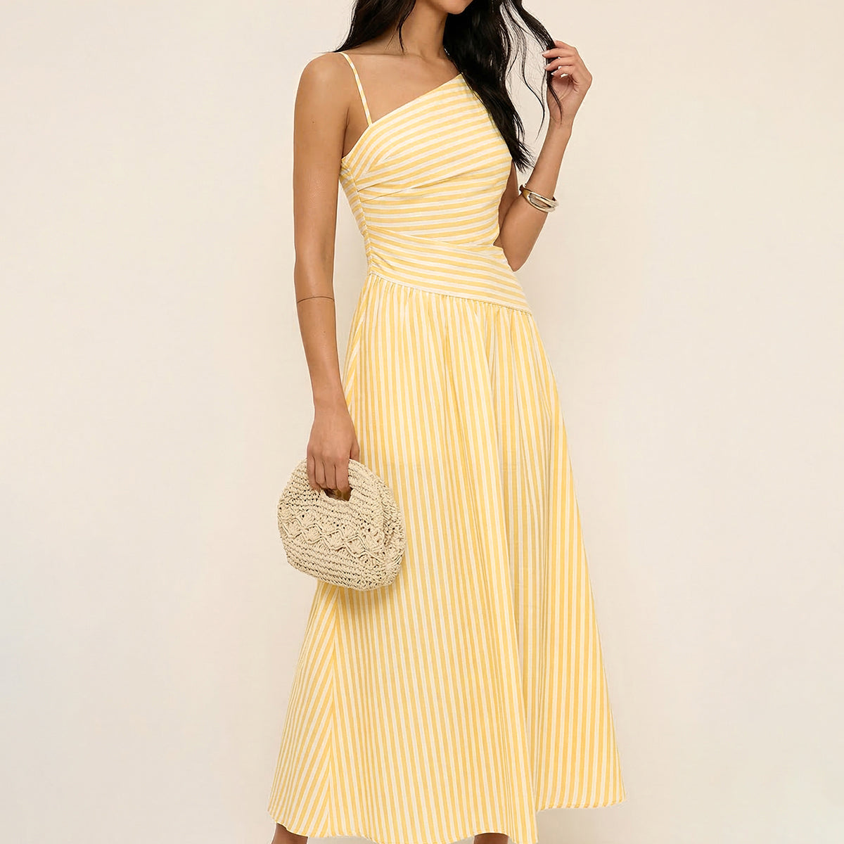 Striped Cut-Out Asymmetric Cami Maxi Dress