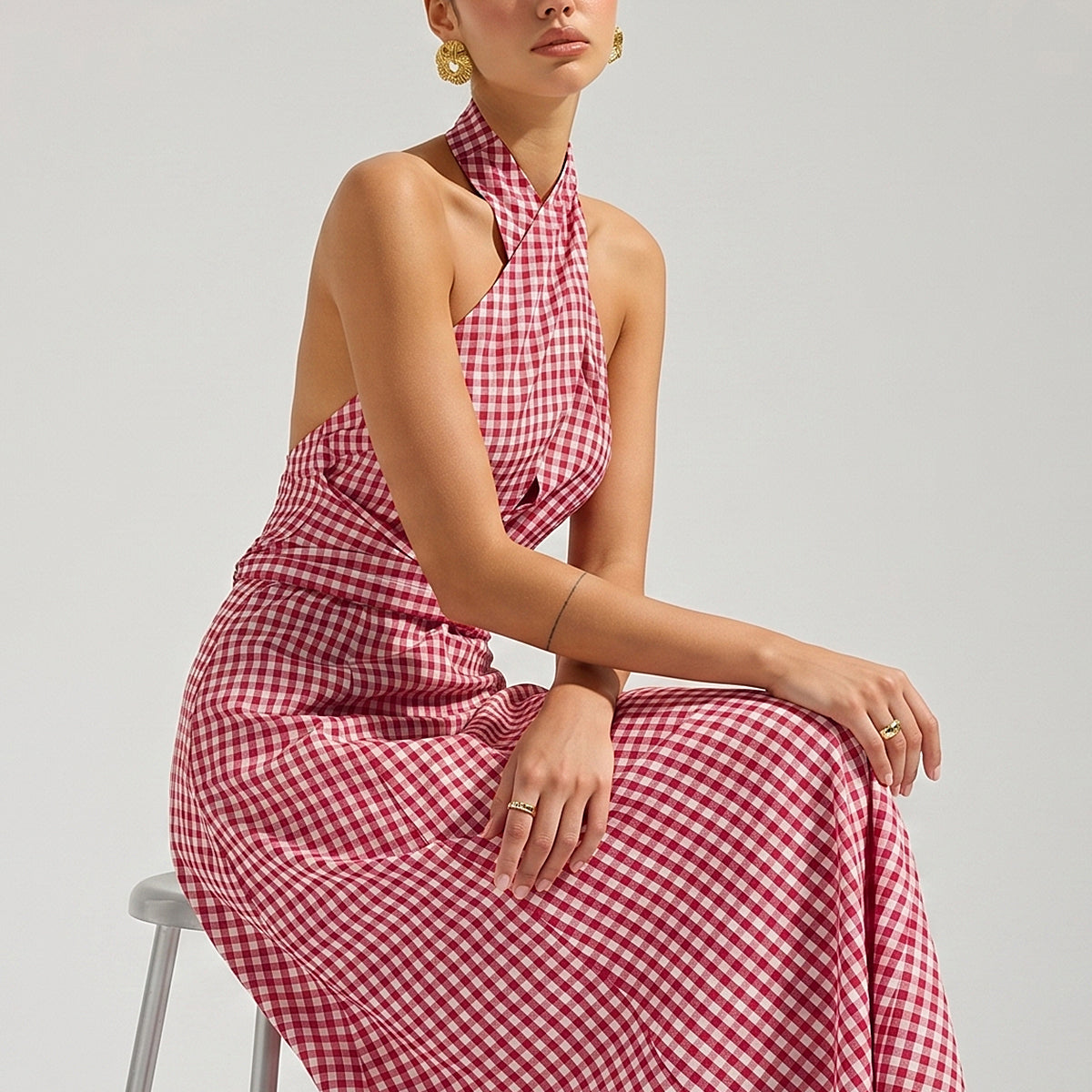 Gingham Halter Cotton Maxi Dress