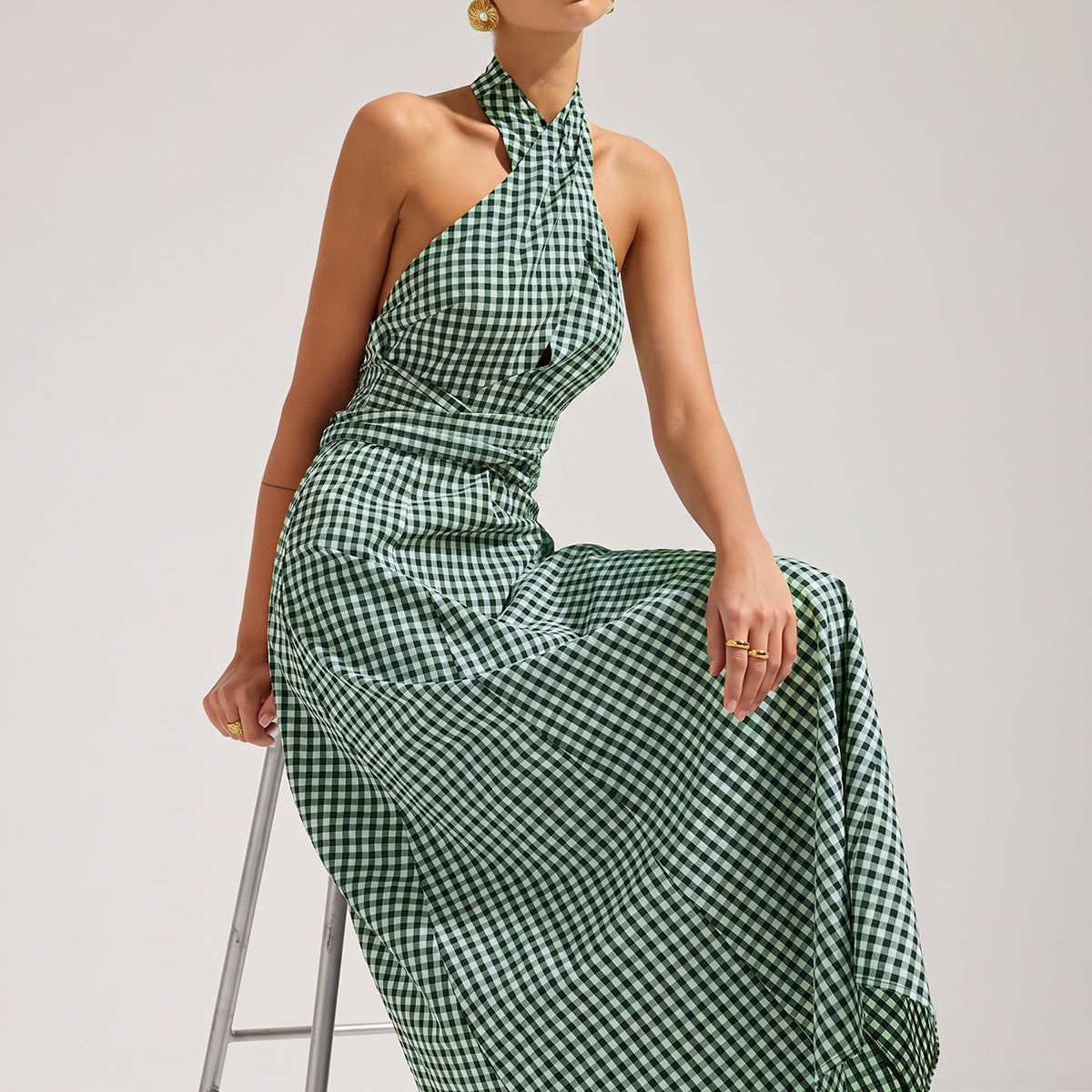 Gingham Halter Cotton Maxi Dress