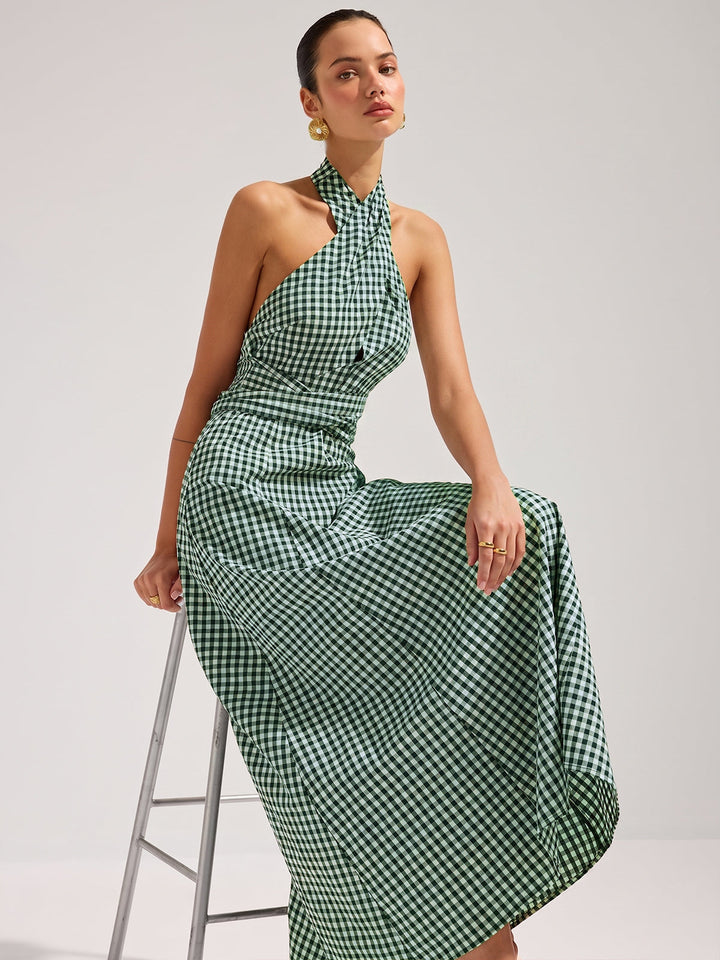 Gingham Halter Cotton Maxi Dress