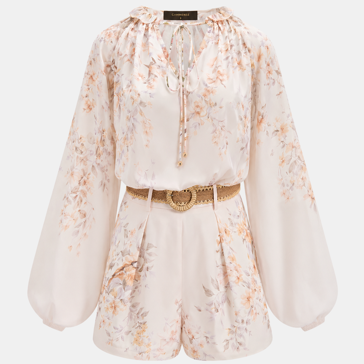 Floral Print Blouse & Belted Shorts Set
