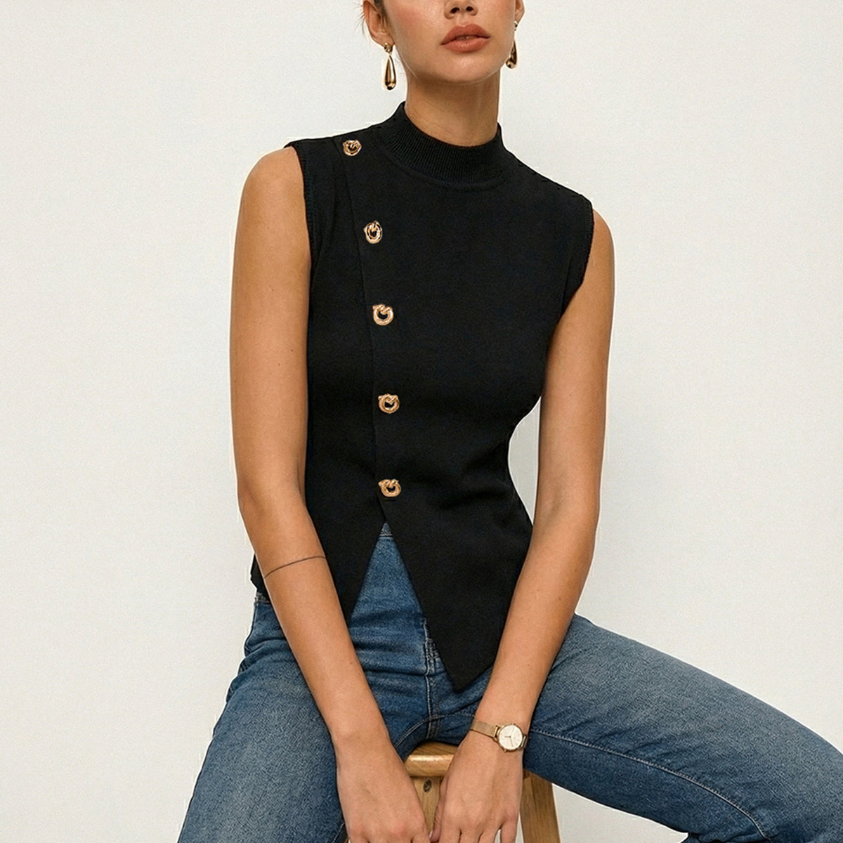 Asymmetric Button Sleeveless Knit Top