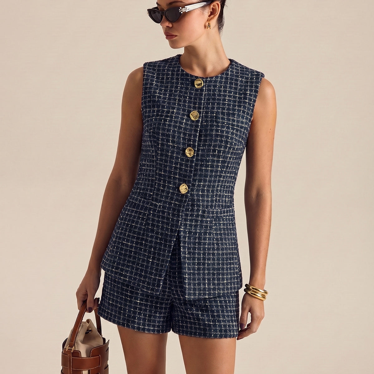 Metal Button Tweed Vest & Shorts Set