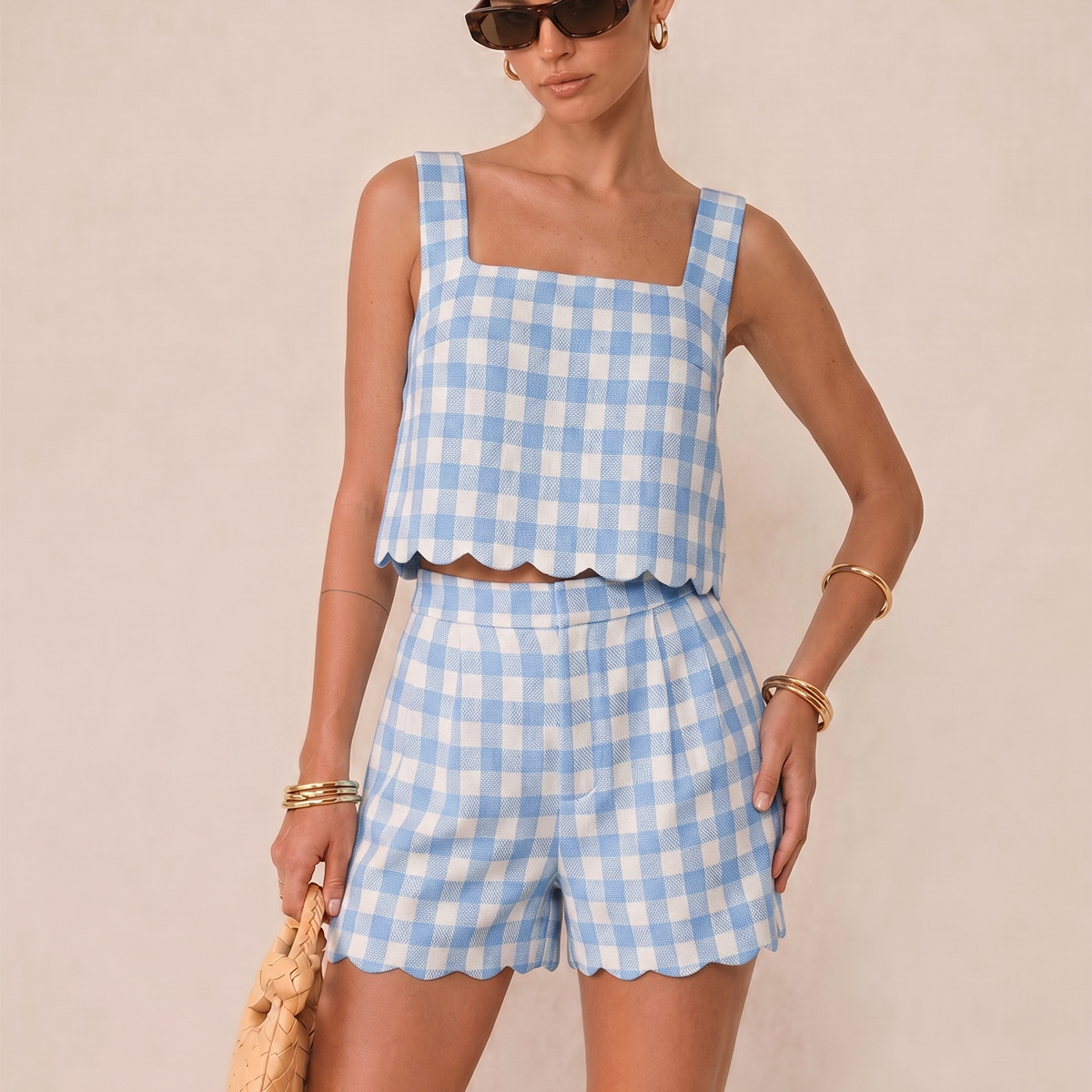 Gingham Scallop Hem Crop Top & Shorts Set