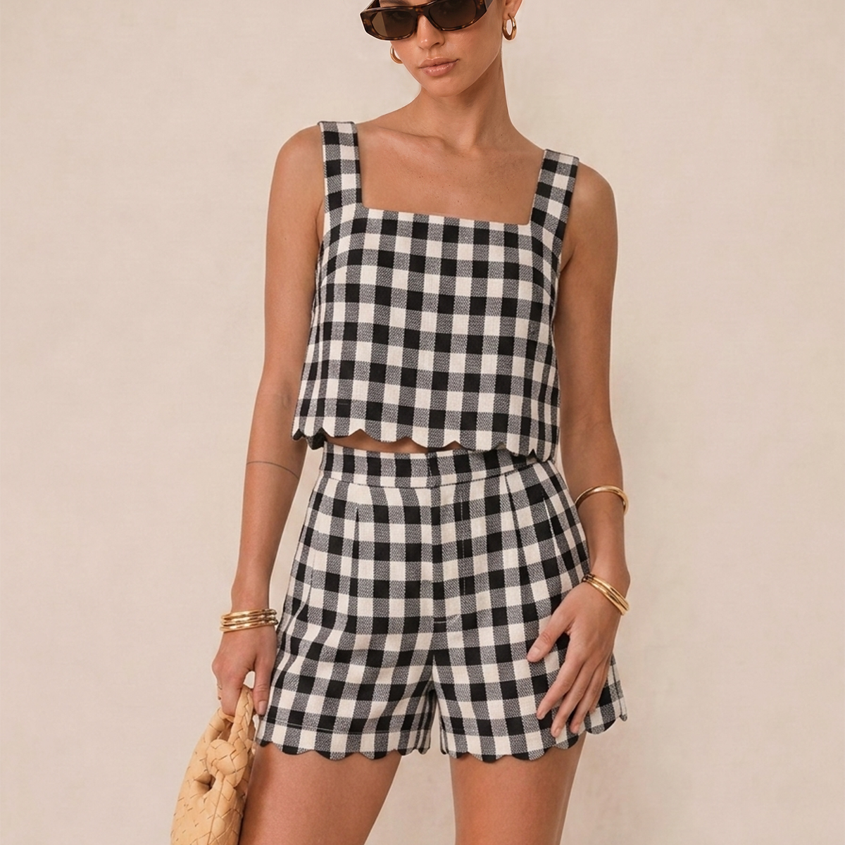 Gingham Scallop Hem Crop Top & Shorts Set