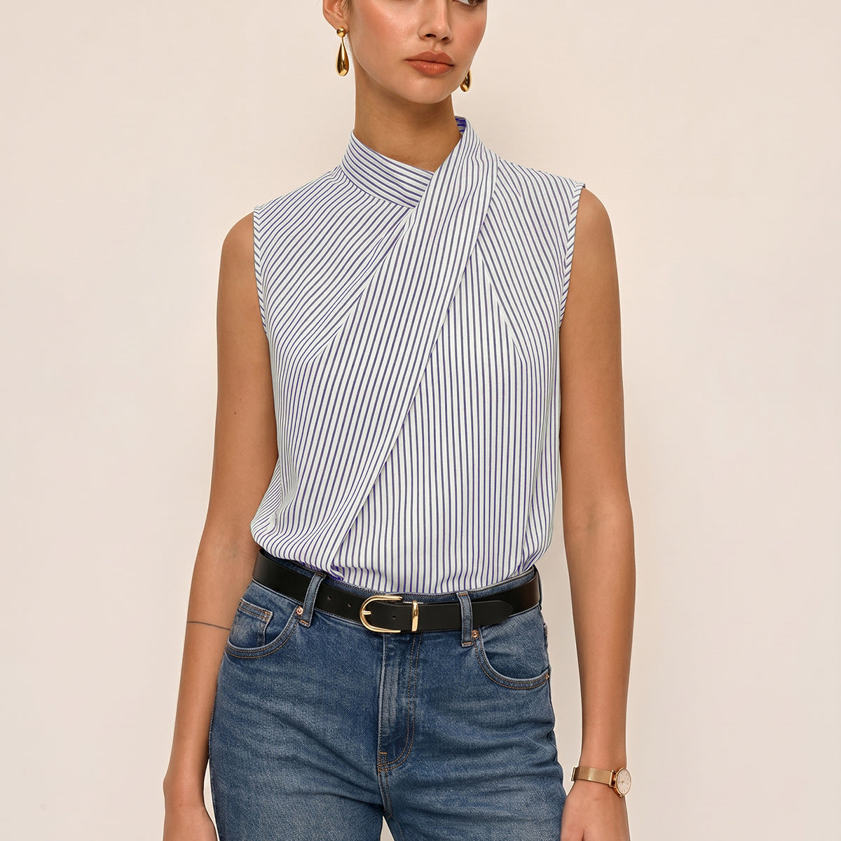Sleeveless Striped High Neck Blouse