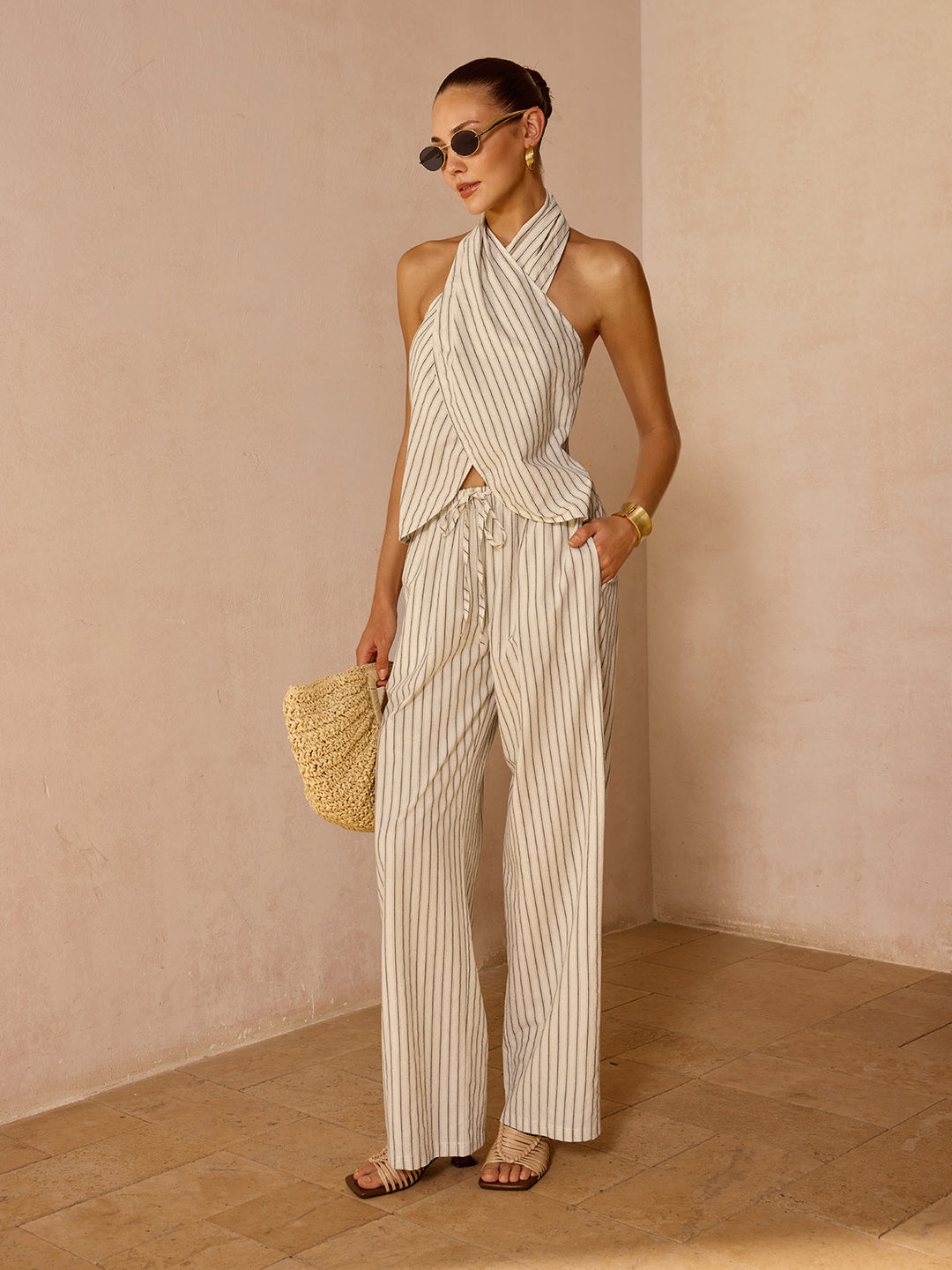 Striped Cotton Linen Halter Top & Pant Set