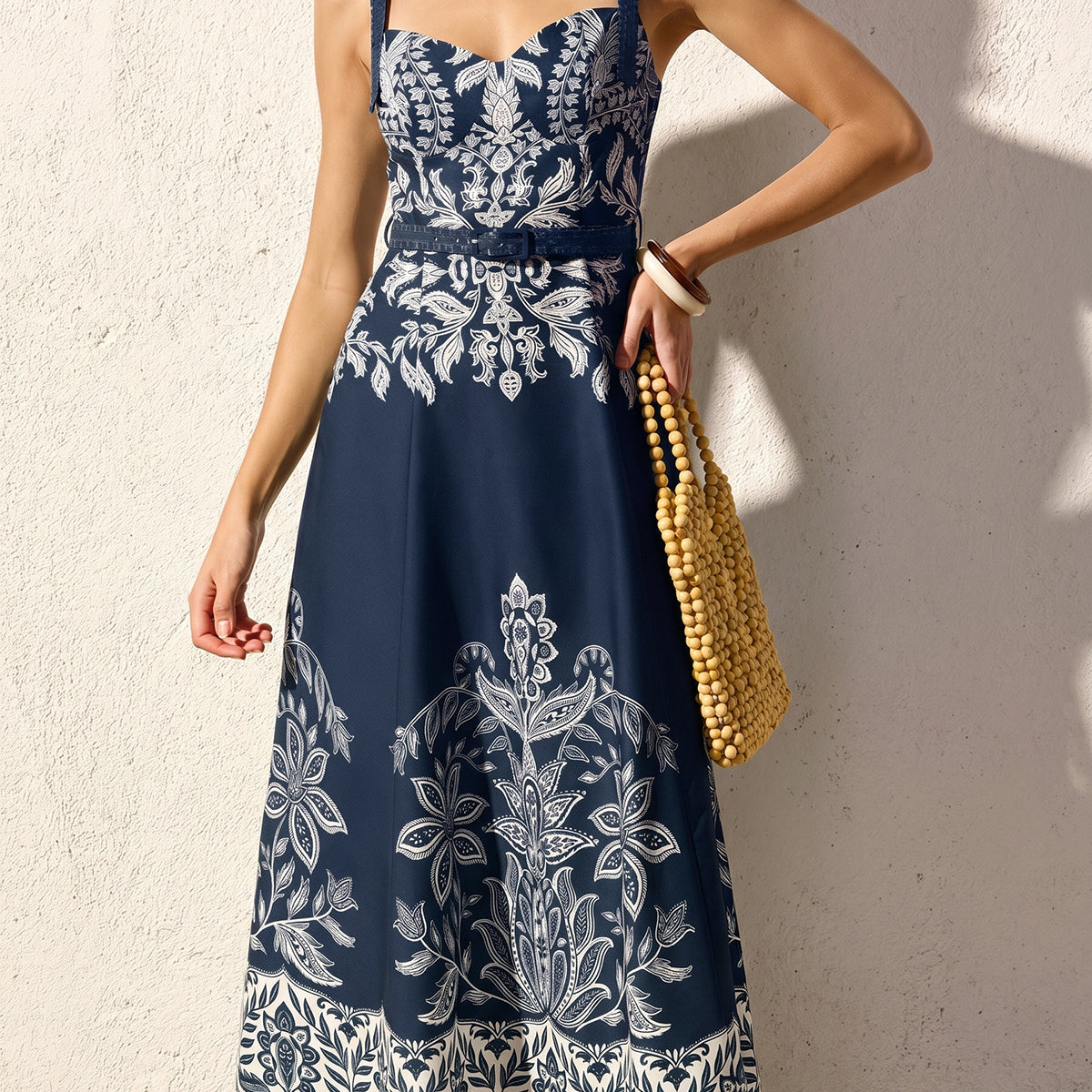 Baroque Floral Print Belted Cami Maxi Dress
