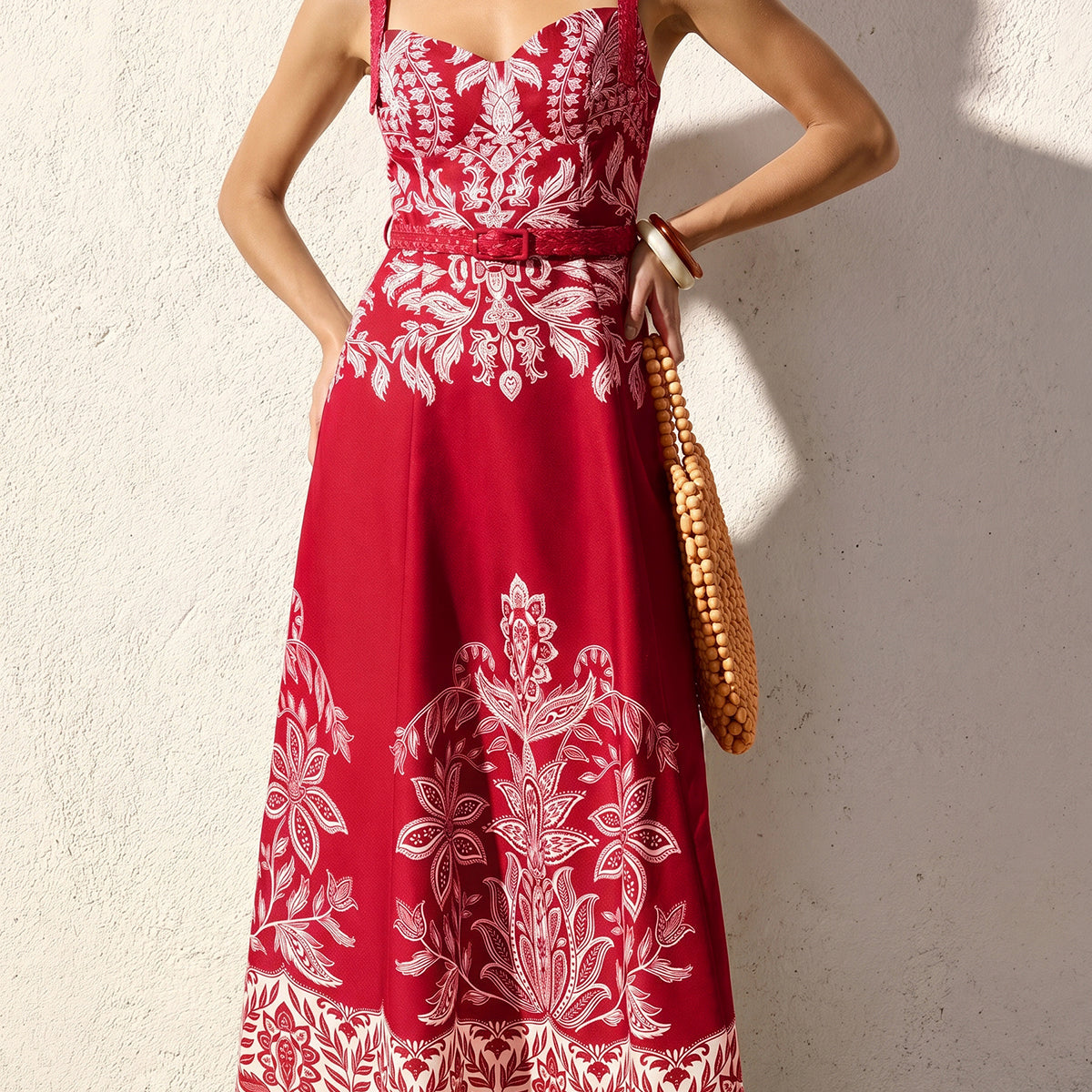 Baroque Floral Print Belted Cami Maxi Dress