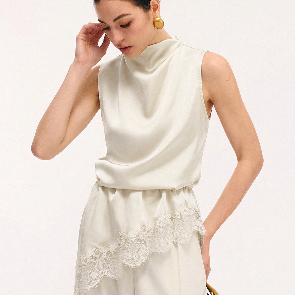 Lace Trim Satin Sleeveless Blouse