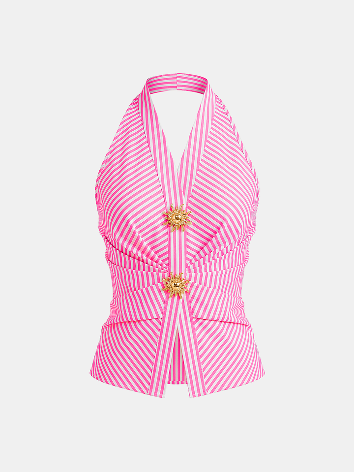 Cotton Blend Striped Halter Top