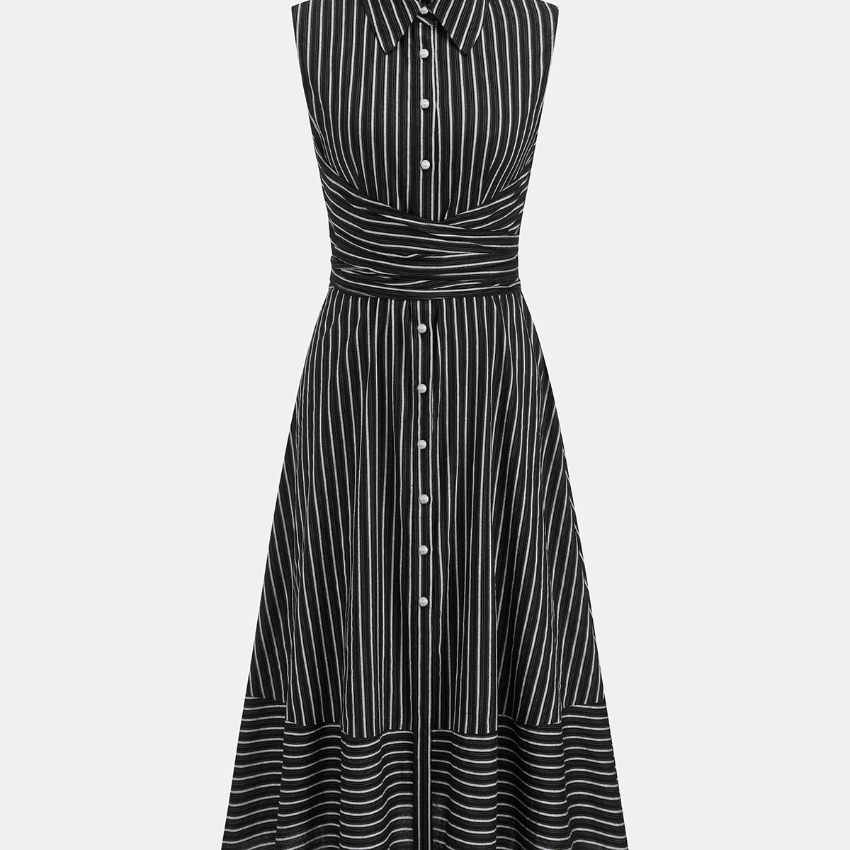 Striped Collared Sleeveless Tie Waist Midi Dress