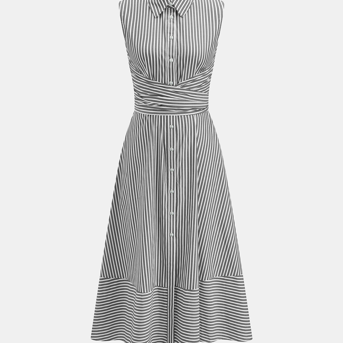 Striped Collared Sleeveless Tie Waist Midi Dress