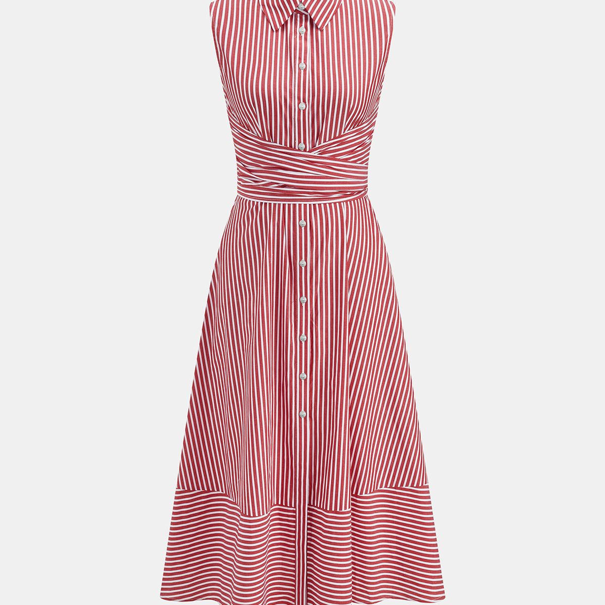 Striped Collared Sleeveless Tie Waist Midi Dress