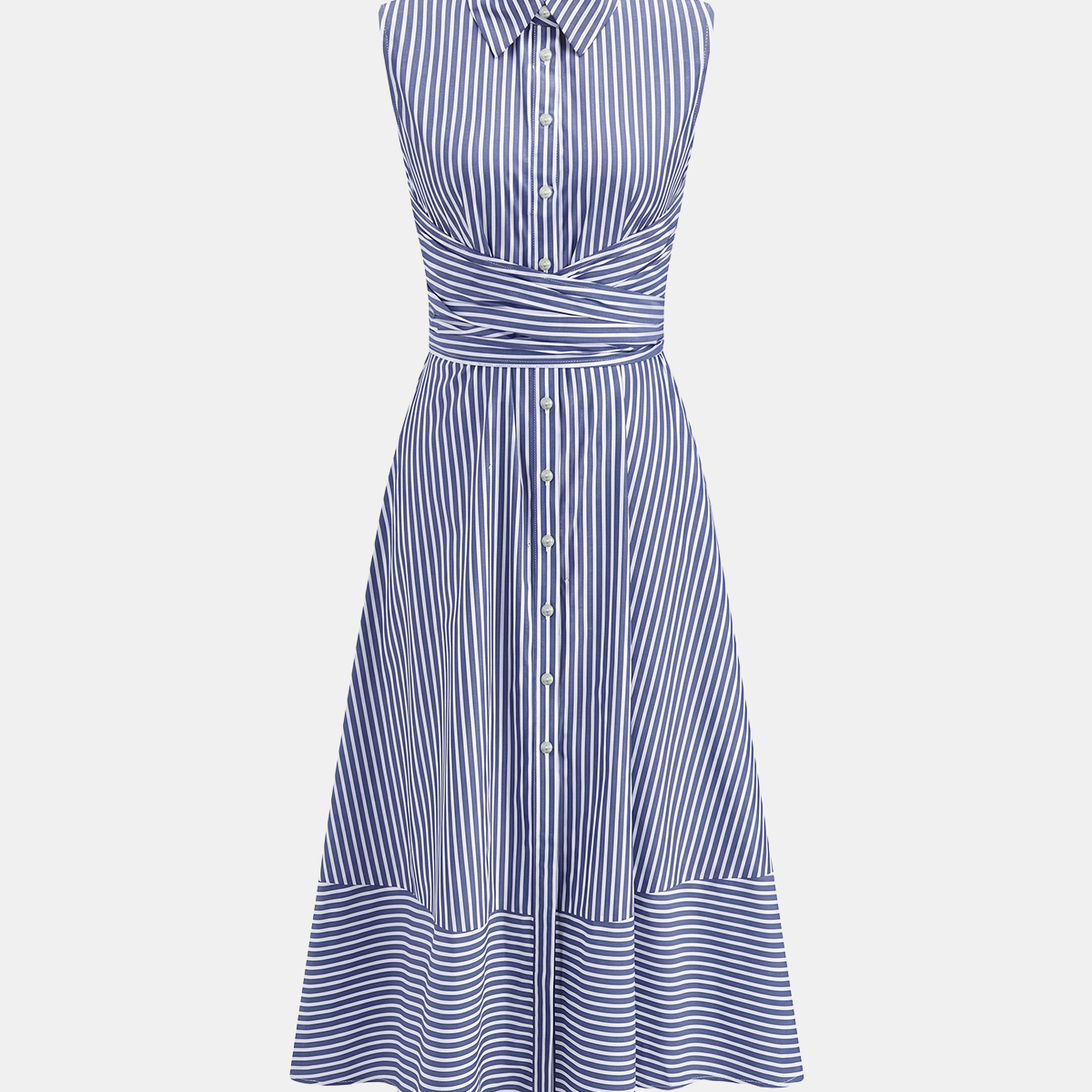 Striped Collared Sleeveless Tie Waist Midi Dress