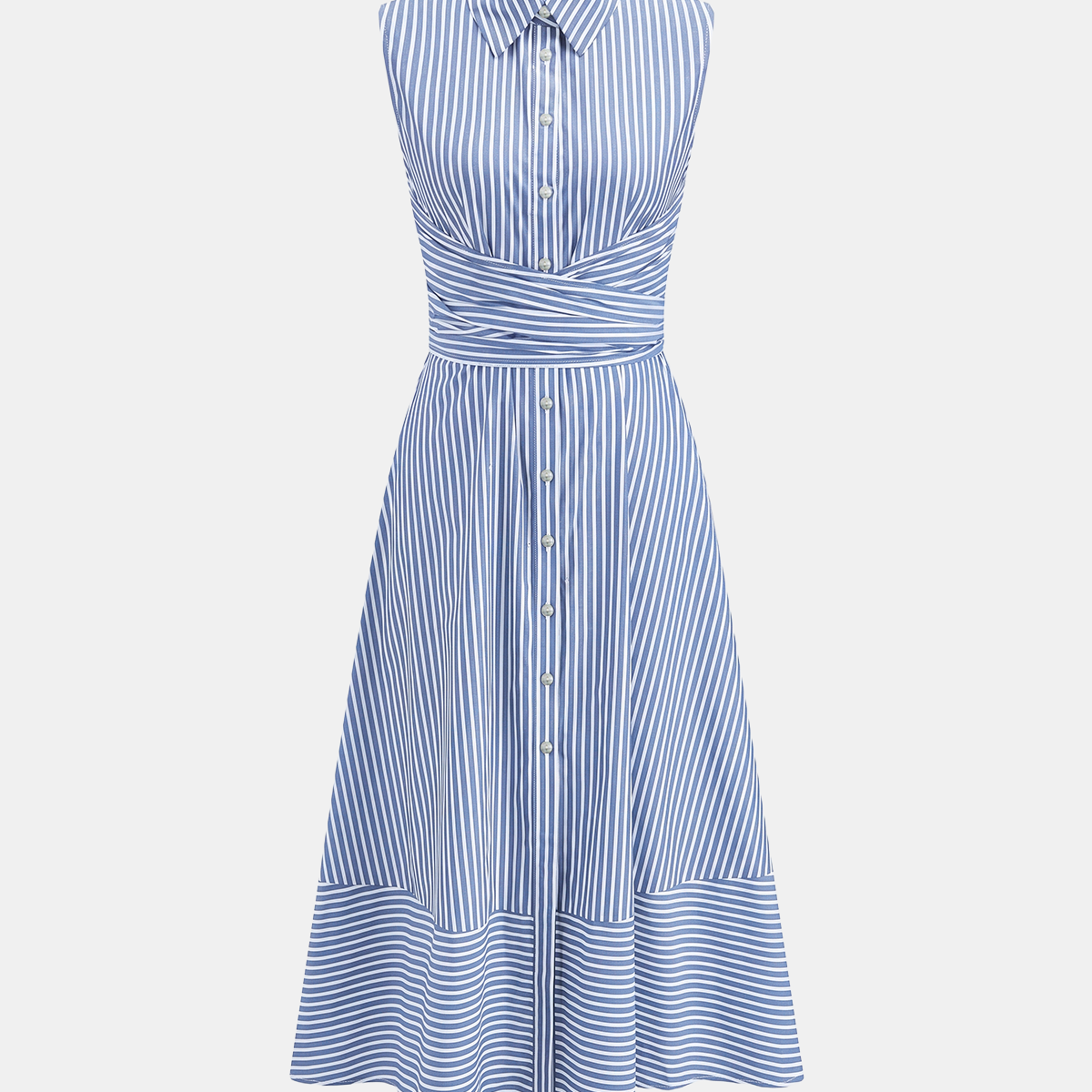 Striped Collared Sleeveless Tie Waist Midi Dress
