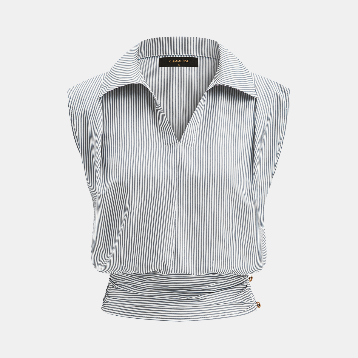 Striped Collared Sleeveless Cinched Blouse