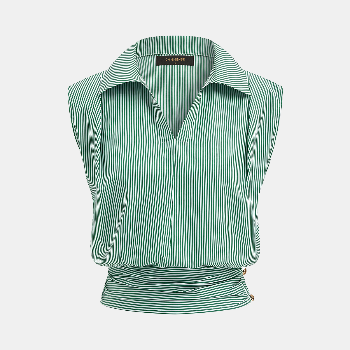 Striped Collared Sleeveless Cinched Blouse
