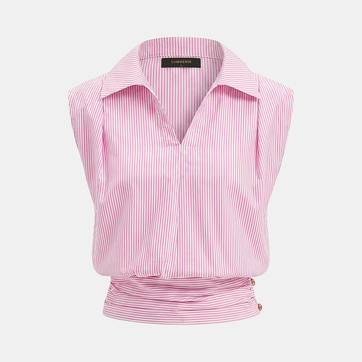Striped Collared Sleeveless Cinched Blouse
