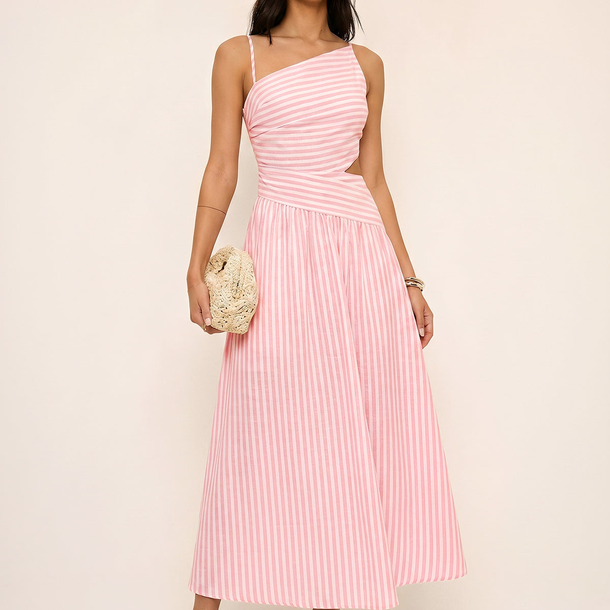Striped Cut-Out Asymmetric Cami Maxi Dress