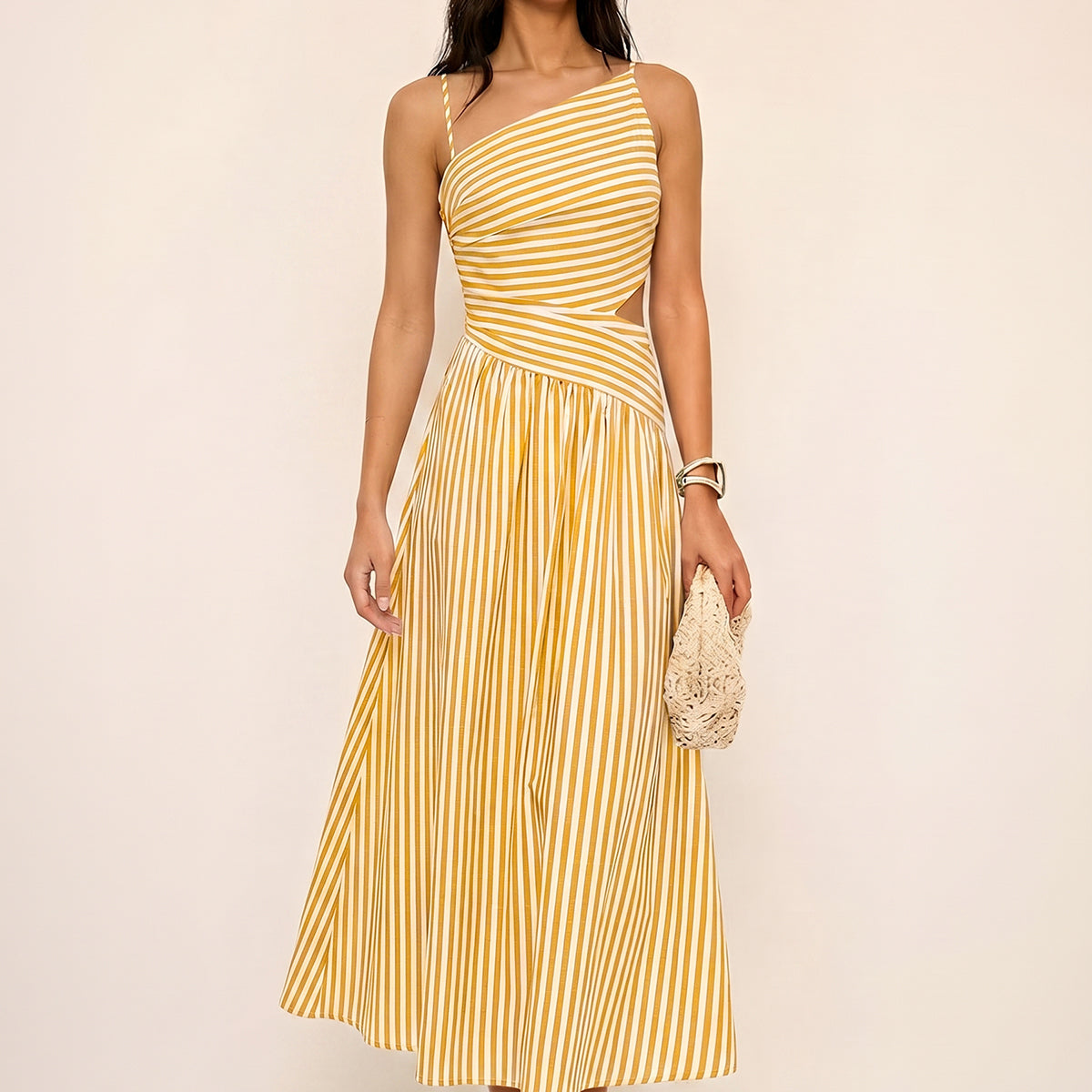 Striped Cut-Out Asymmetric Cami Maxi Dress