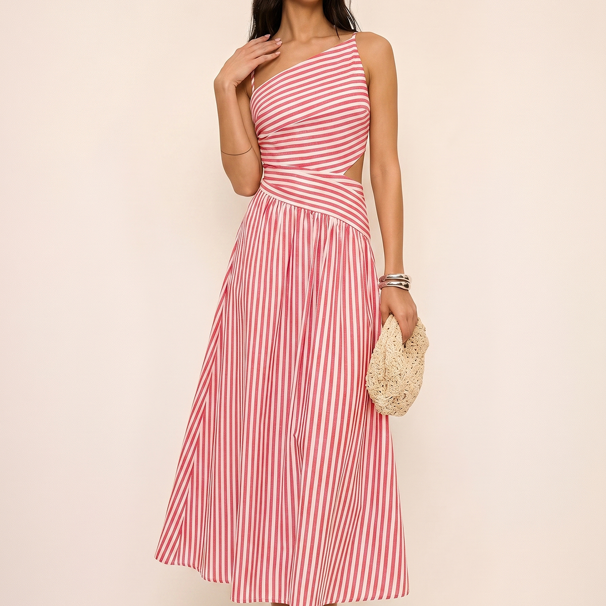 Striped Cut-Out Asymmetric Cami Maxi Dress