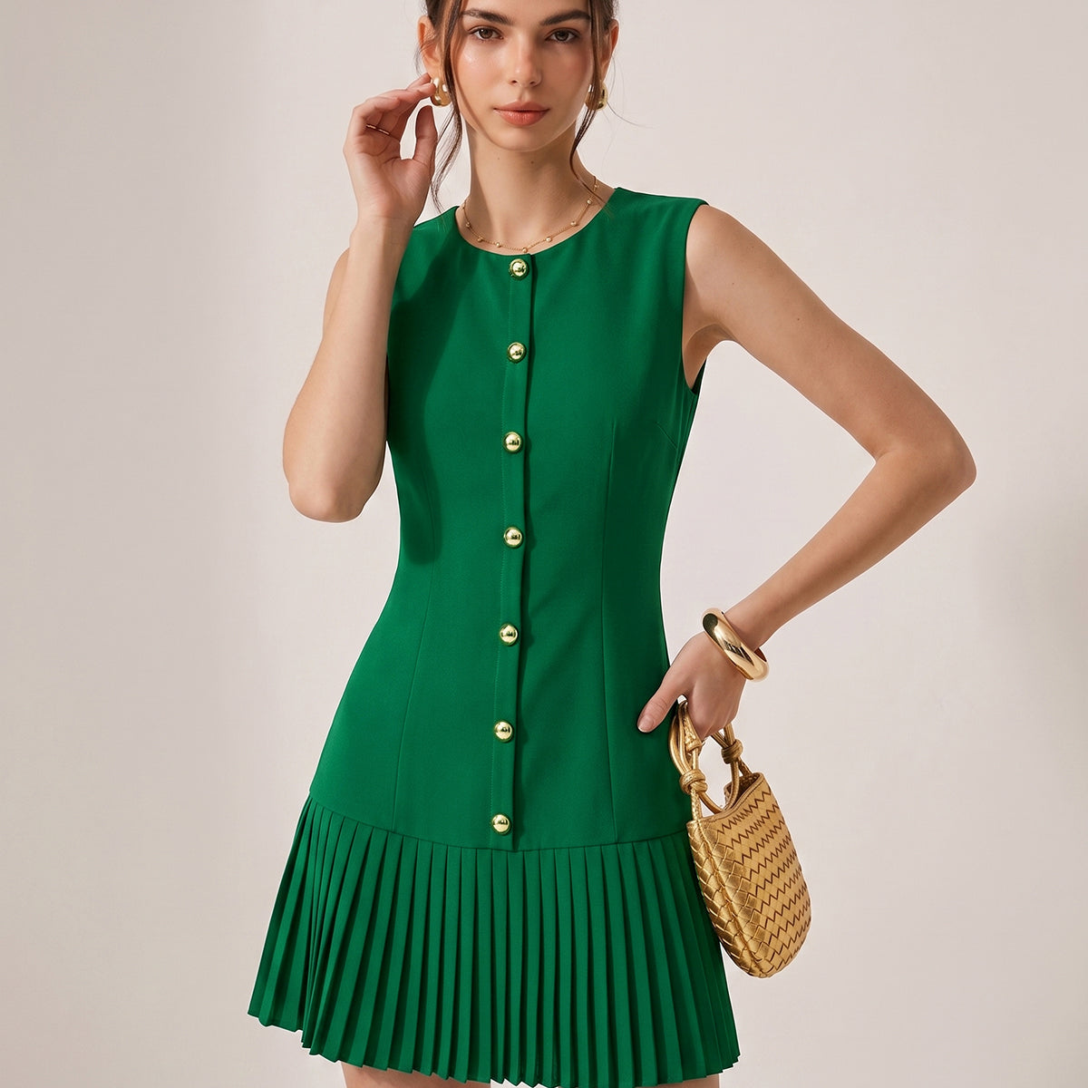 Metal Detail Sleeveless Slim Fit Pleated Mini Dress