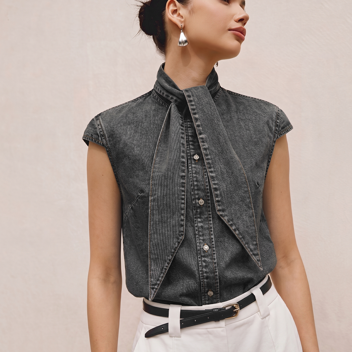 Tie Neck Sleeveless Denim Shirt