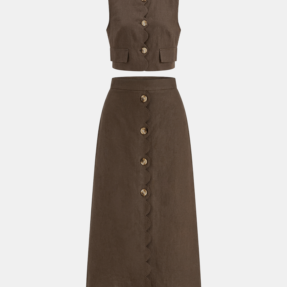 Cotton Linen Scallop Trim Vest & Skirt Set