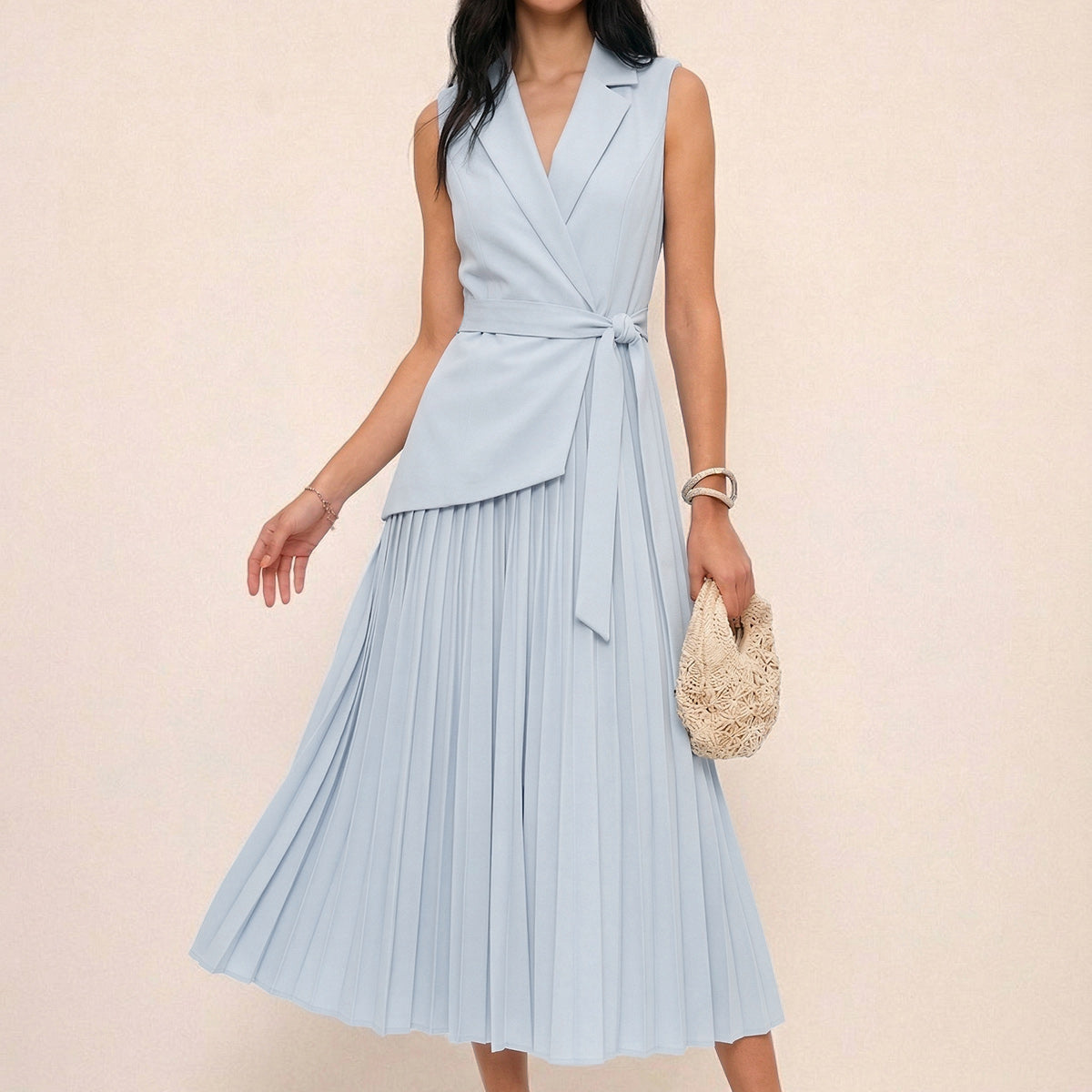 Sleeveless Belted Pleated Blazer Dress