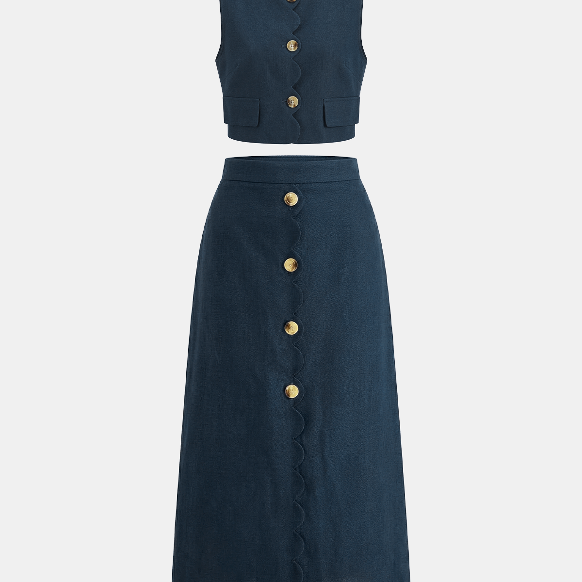 Cotton Linen Scallop Trim Vest & Skirt Set