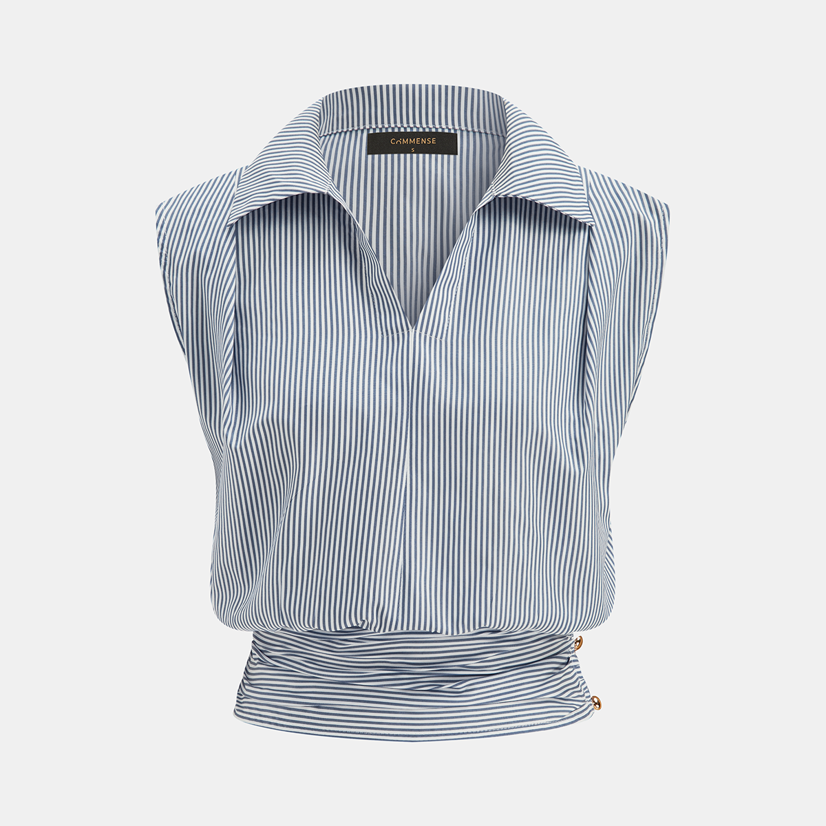 Striped Collared Sleeveless Cinched Blouse