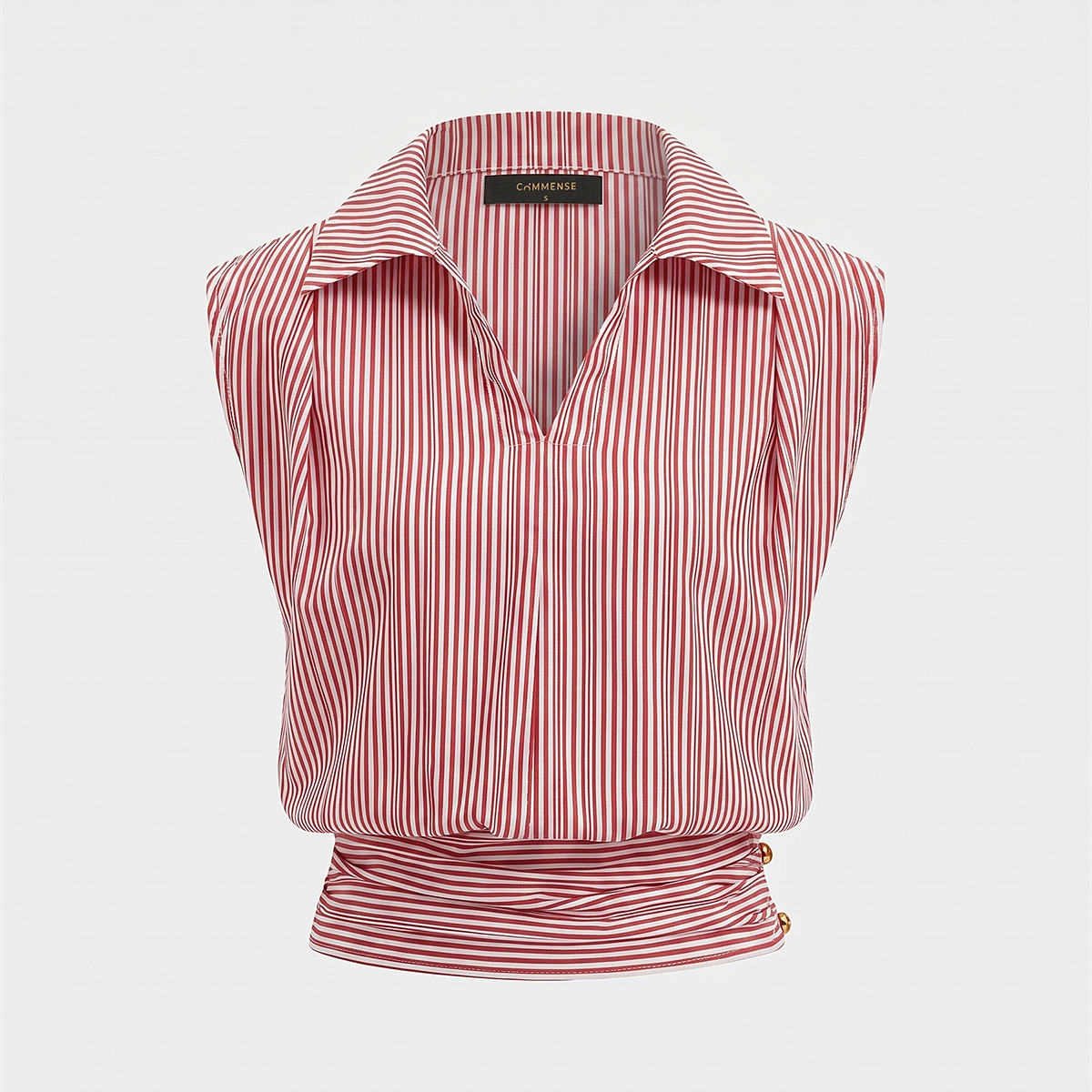 Striped Collared Sleeveless Cinched Blouse
