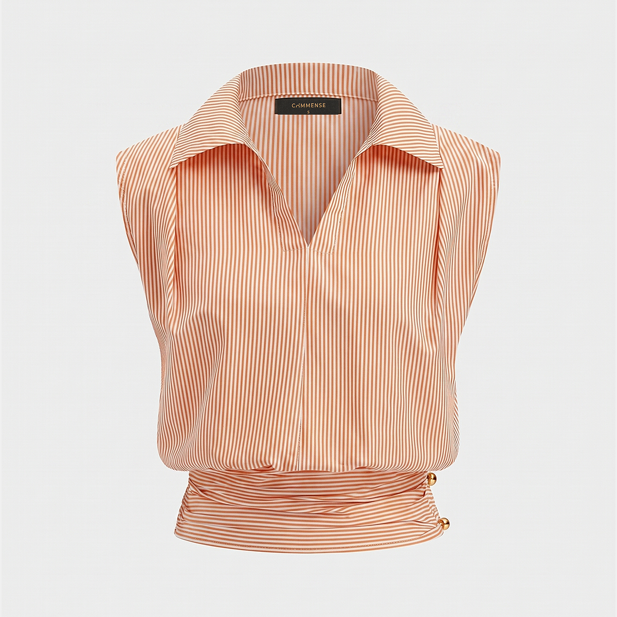 Striped Collared Sleeveless Cinched Blouse