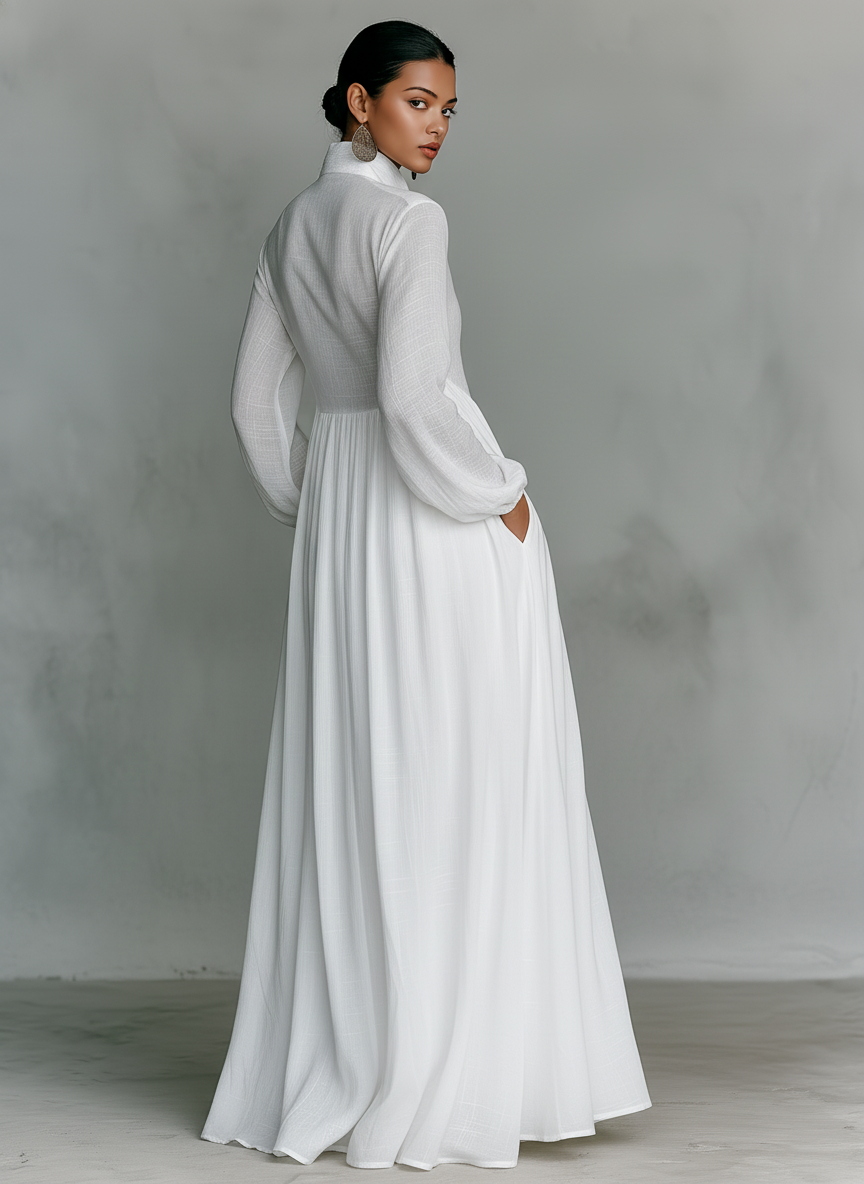 Brunhilde | Maxi Dress with Patchwork Linen and Stand-Up Collar