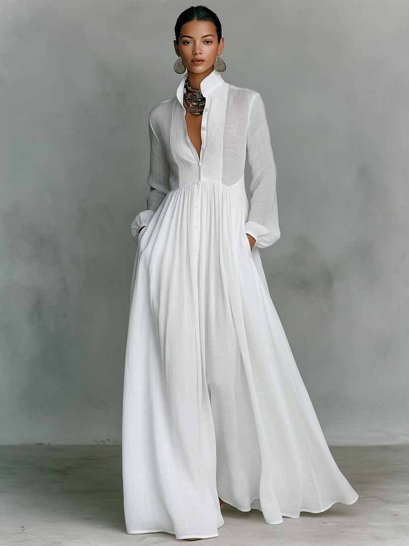 Brunhilde | Maxi Dress with Patchwork Linen and Stand-Up Collar