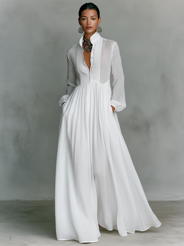 Brunhilde | Maxi Dress with Patchwork Linen and Stand-Up Collar