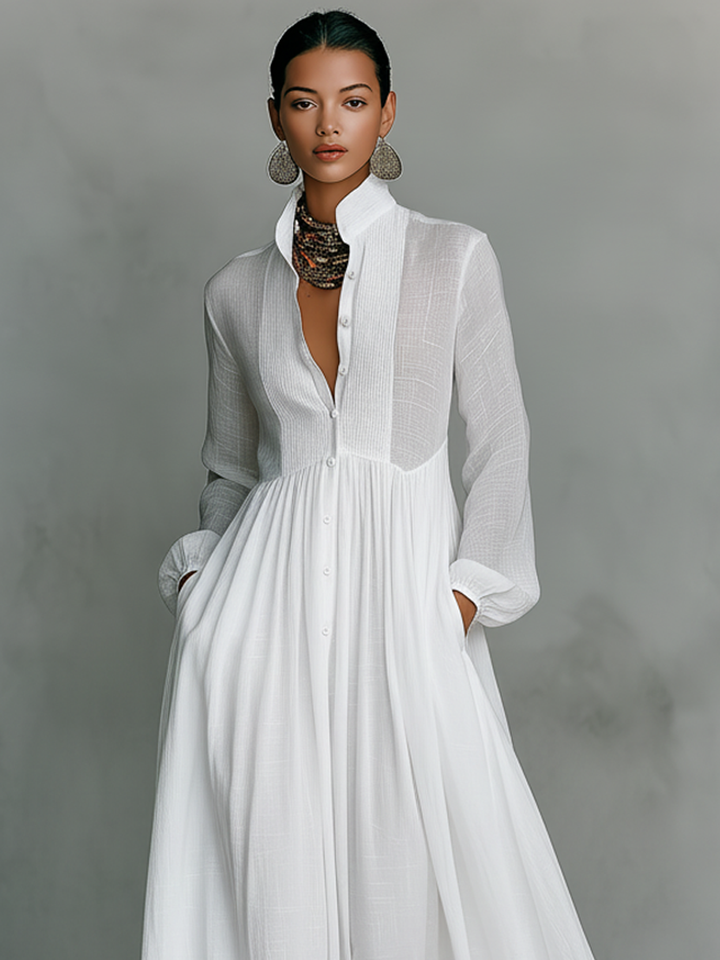 Brunhilde | Maxi Dress with Patchwork Linen and Stand-Up Collar