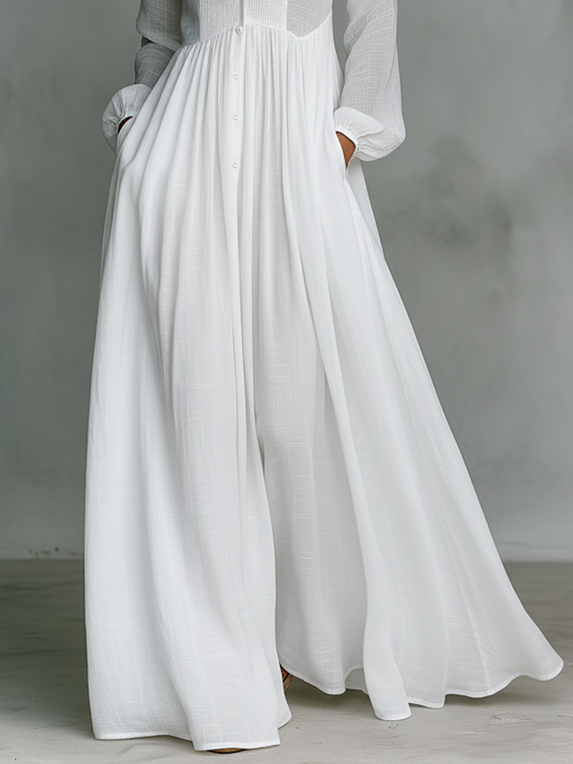 Brunhilde | Maxi Dress with Patchwork Linen and Stand-Up Collar
